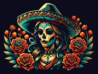 Mexican woman Mexico festive for festival dia de los muertos. Dead female skull adorned with roses and a traditional sombrero hat on black background. Sugar skull