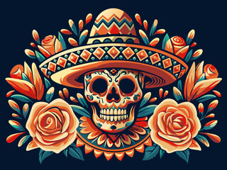Mexican sugar skull Mexico festive for festival dia de los muertos. Vibrant illustration of a sugar skull adorned with flowers and a sombrero