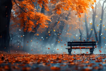 World here Beautiful autumn landscape with. Colorful foliage in the park. Falling leaves natural background with sitting