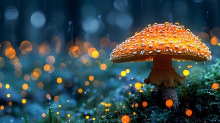   A tight shot of a mushroom on mossy terrain, surrounded by numerous lights in the backdrop - obrazy, fototapety, plakaty
