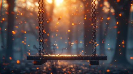   A swing set in the heart of a forest, sunbeams filtering through tree leaves beyond - obrazy, fototapety, plakaty