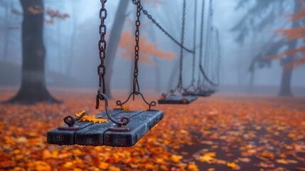   A park's central swings lined by fallen autumn leaves, trees looming in the background