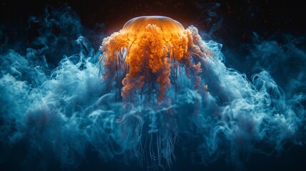   An orange jellyfish floats in the ocean against a dark blue backdrop Surrounding it are clouds of blue and orange smoke