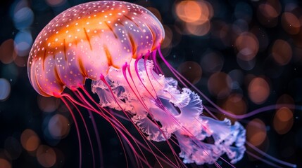   A tight shot of a jellyfish in water, surrounded by numerous bubbles at its trailing edge
