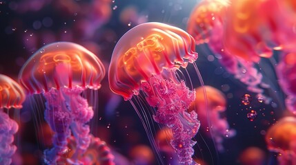   A collection of jellyfish hover above blue-pink water teeming with numerous pink and orange specimens - obrazy, fototapety, plakaty