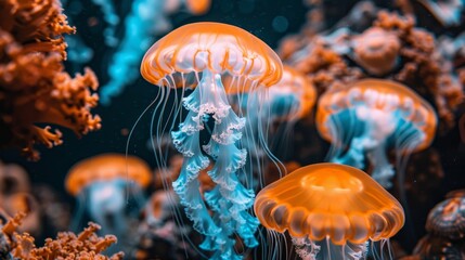   A group of orange and blue jellyfish swims in a vibrant underwater scene of blue and orange corals in the ocean - obrazy, fototapety, plakaty
