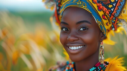 Close up of a happy woman in a turban with a smiling facial expression - obrazy, fototapety, plakaty