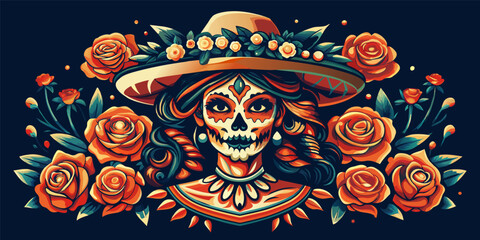 Mexican woman Mexico festive for festival dia de los muertos. Vibrant vector illustration of a decorative female sugar skull with sombrero for day of the dead celebration