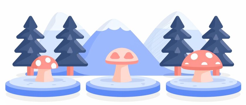   A cluster of mushrooms atop a snow-laden ground adjacent to a forest of snow-capped trees