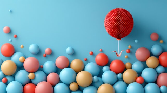   A red balloon floats above a cluster of blue and orange balls against a blue backdrop, bearing the letter V