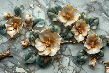 three panel wall art, marble background with flowers designs