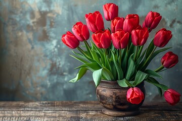 tulips on rustic wooden table top with copy space