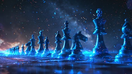 In this illustration chess pieces radiate neon blue against a digital realm including space for custom text - obrazy, fototapety, plakaty