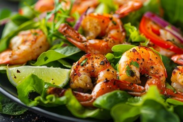 Close up photo of shrimp salad with lime and copy space