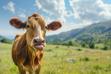 Close up shot of a cow sticking out its tongue on a sunny summer day in a grassy field - obrazy, fototapety, plakaty