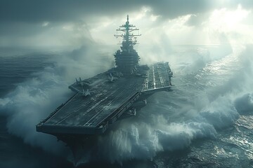 A massive military vessel sails on the vast ocean under the open sky