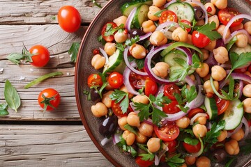 Close up top view of a plate with chickpea salad including tomatoes onions olives and herbs