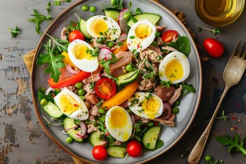 Close up top view of gourmet Nicoise salad with vegetables eggs tuna and anchovies on a table plate