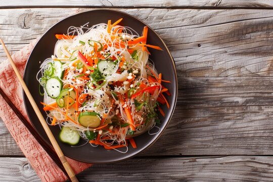 Close up top view of Japanese kani salad with crab sticks vermicelli carrot cucumber sesame seeds and mayo on a plate