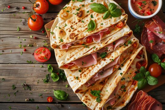 Close up view of Italian piadina with ham cheese and veggies on table Top down shot