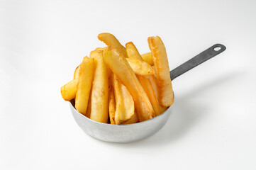 French fries on silver pot on white background 