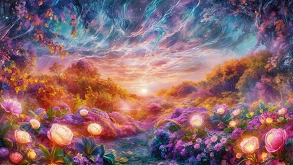 Fototapeta na wymiar artwork depicting a vibrant, colorful enchanted forest under a dreamlike sky at sunset