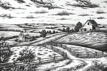 Fototapeta premium Rural landscape with farm on meadow. Engraving monochrome graphic style. Spring sunny field with grass or wheat. Farming, harvest, vineyard concept. Retro illustration for poster, banner, card