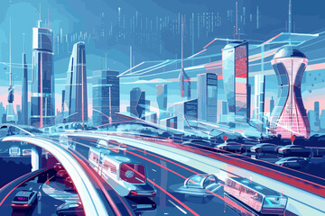 Futuristic smart city with autonomous vehicles, drones, and advanced infrastructure, showcasing the potential of emerging technologies