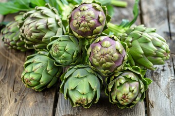 Obraz premium Colorful Globe Artichokes displayed on wooden table