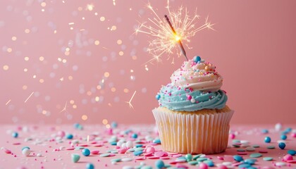 Colorful pink and blue sugar sprinkles on a birthday cupcake with a celebration sparkler