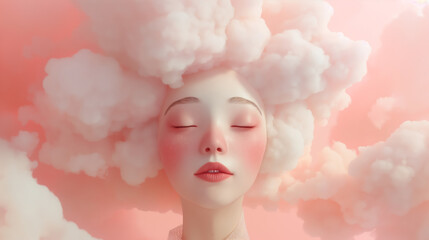 A serene face with cloud hair against a rosy sky