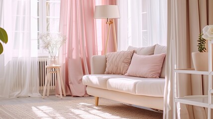 a living room interior adorned with pastel pink and beige curtains, a cozy sofa, stylish lamp, plush carpet, and floor-to-ceiling windows, presenting a chic home decor idea for contemporary houses.