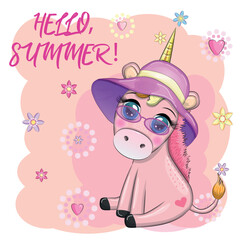 Cute cartoon unicorn dressed as a hula dancer, Hawaii, ready to go character. Summer