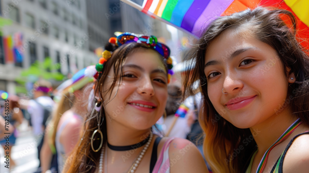 Wall mural lgbt pride month, international day against homophobia, happy couple of smiling girls, lgbt flag, lg