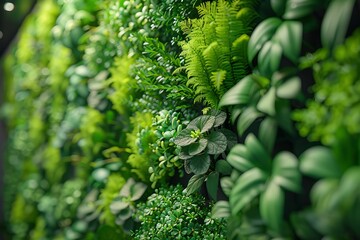 a close up of a wall filled with lots of green plants