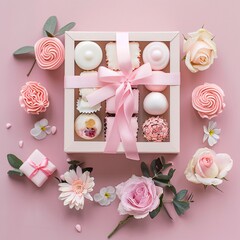  gift box with candy on pink background