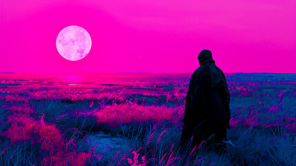 A figure stands in a field of tall grass at night. The sky is dark and there is a full moon. The figure is wearing a cloak and is looking out at the moon. - Powered by Adobe