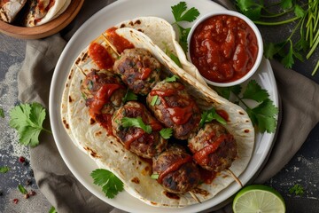 Delicious meatball kebab with sauce and tortillas on a white plate Overhead view - obrazy, fototapety, plakaty
