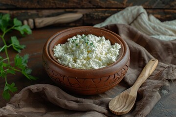 Obraz na płótnie Canvas Cottage cheese in clay bowl wooden spoon dark background Close up healthy natural food