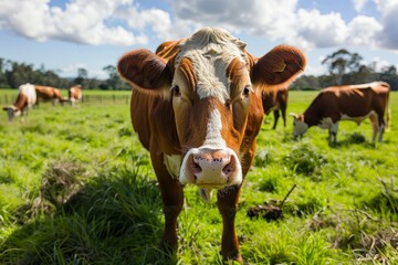 Cows in Australia grazing on grass and hay on a ranch including various breeds