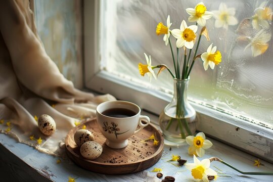 Cozy Easter scene with coffee wooden plate quail eggs flowers on windowsill Floral composition including daffodils Vintage photo style