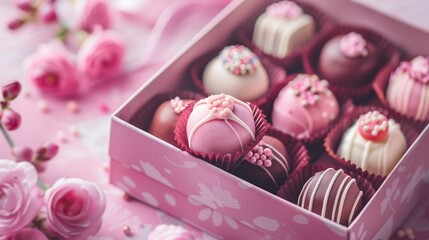  gift box with candy on pink background