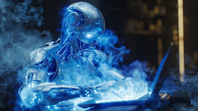 Robot typing at superhuman speed enveloped in blue light showcasing the blend of technology and capability