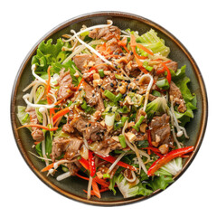 photo of asian food, salad of funchose, pork and enoki mushrooms, isolated on transparent background.
