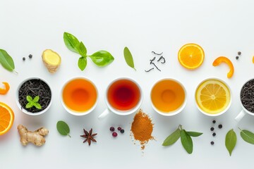 Cup of tea tea varieties fruits turmeric ginger on white background Flat lay Food concept