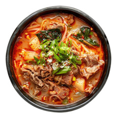 photo of asian food, original multi-ingredient soup with spicy pork, kimchi tige,  isolated on transparent background.
