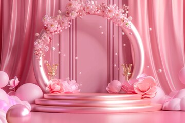 Pink Room With Balloons, Flowers, and Mirror
