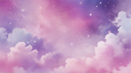 Fototapeta na wymiar Kawaii Fantasy Pastel Colorful Sky with Clouds and Stars Background in Paper Cut and Paste Style 