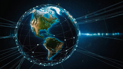 Digital Space Global Network Futuristic Technology Illustration. Big Data World Map 3D rendering Business Telecommunication Network Transfer Infographic Background
