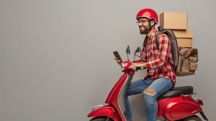 a young pizza delivery man, donning a motorcycle helmet and carrying a backpack brimming with paper boxes, smiling as he checks his phone for delivery updates.